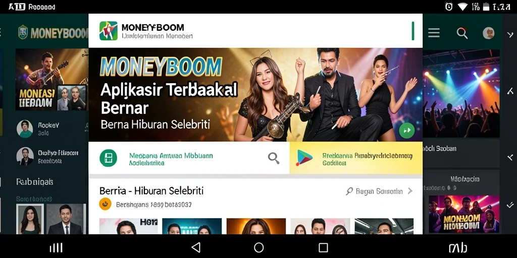 Antarmuka MONEYBOOM menampilkan berita hiburan selebriti terkini.