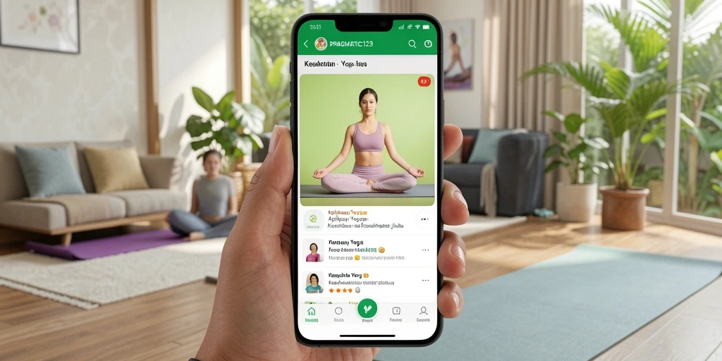 Antarmuka aplikasi PRAGMATIC123 yang memandu latihan yoga.